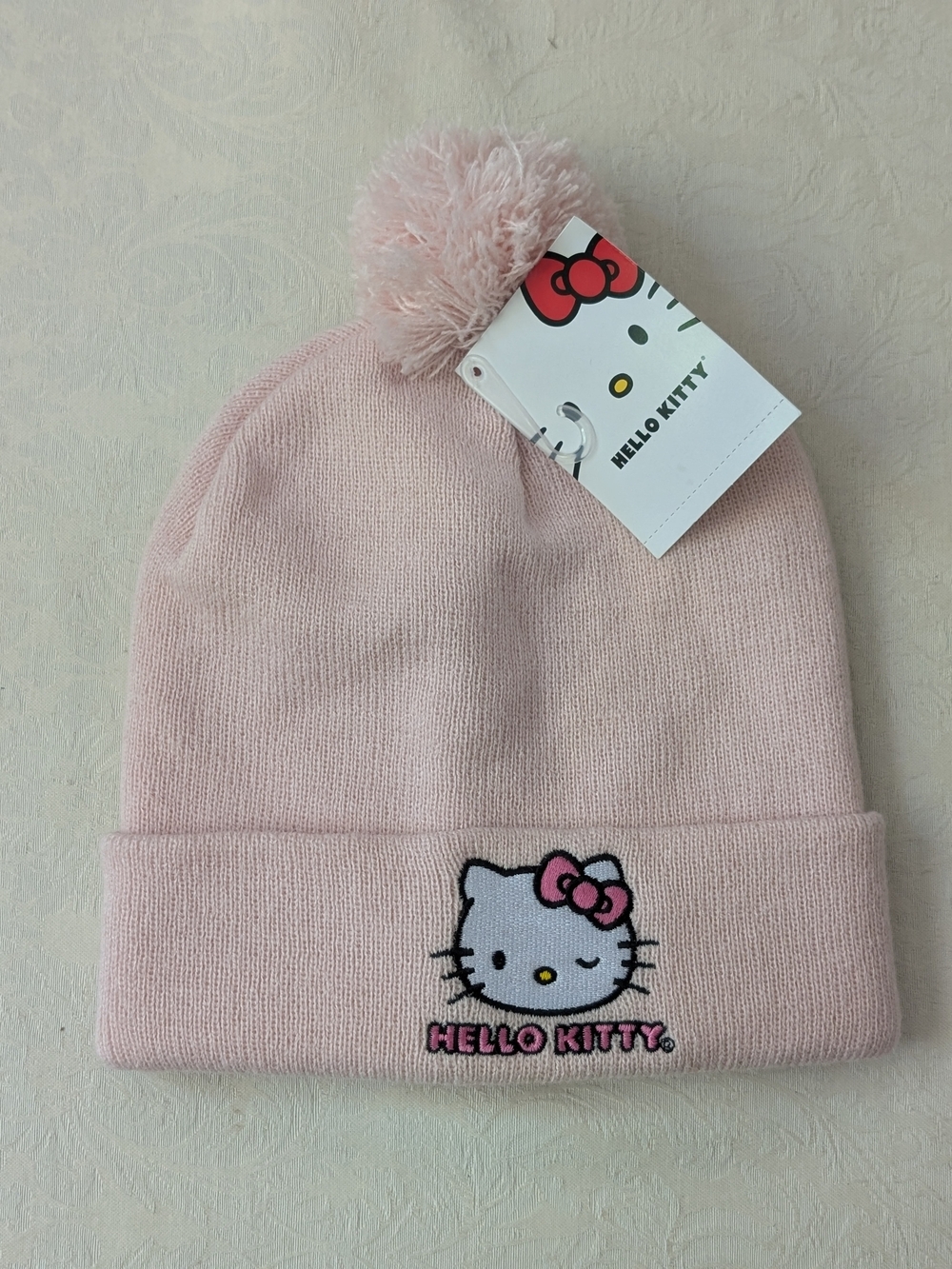 Hello Kitty Pink Knit Acrylic Pom Pom Beanie Hat Embroidered Stretch One Size